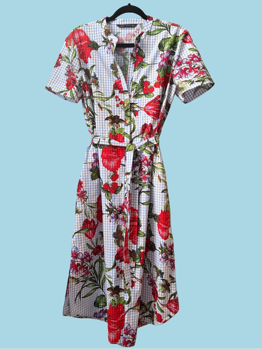ZARA WOMAN Floral Gingham Midi Dress Belted 100% Cotton Size L